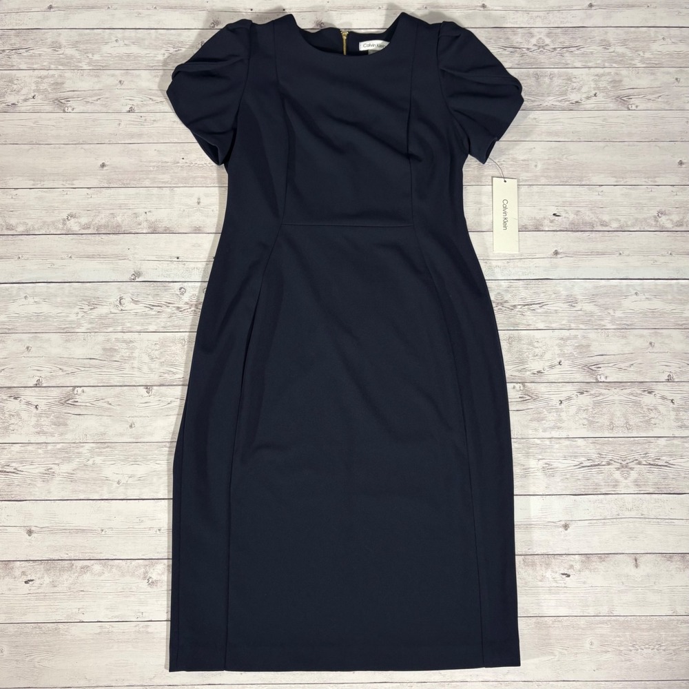 Calvin Klein Navy Blue Sheath Dress Puff Sleeve Career Workwear Cocktail NWT